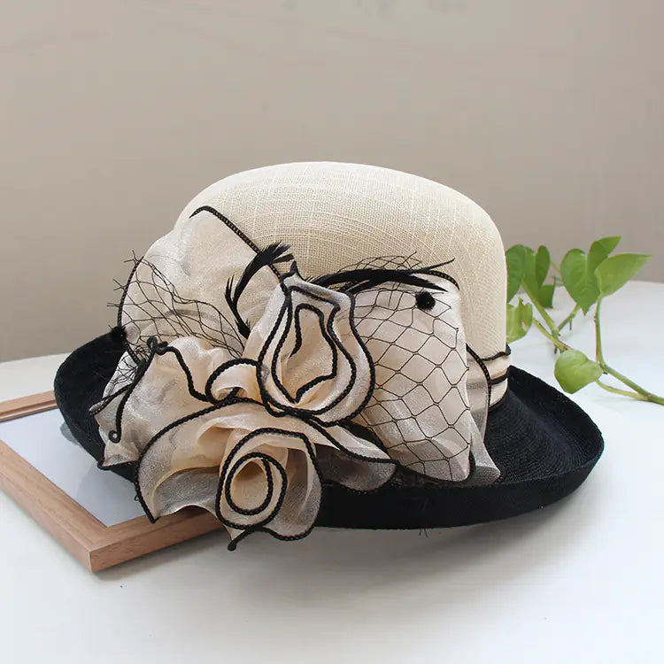 Lightweight Linen Women's Flower Sun Hat with Top Hat Curling