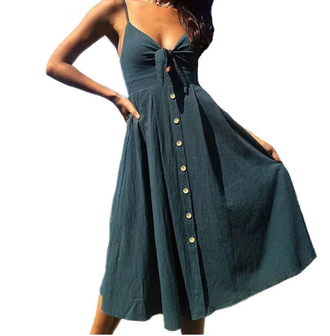 Summer Women's Dress, Button Bow Backless, Sexy Strap