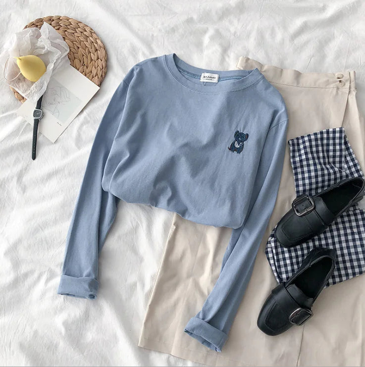 Embroidered Round Neck Loose Long Sleeve T-Shirt