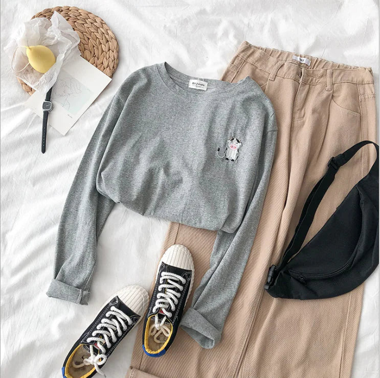 Embroidered Round Neck Loose Long Sleeve T-Shirt