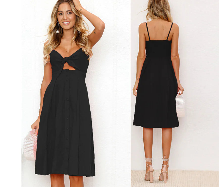 Summer Women's Dress, Button Bow Backless, Sexy Strap