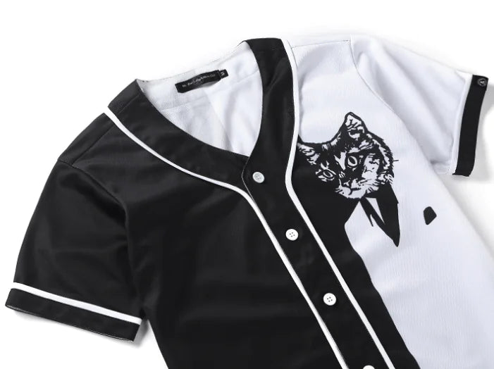3D Black and White Cat Color Block Short Sleeve Shirt