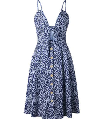 Summer Women's Dress, Button Bow Backless, Sexy Strap