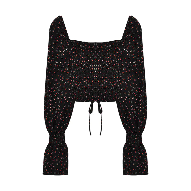 Vintage Floral Chiffon Blouse with Square Neck for Women