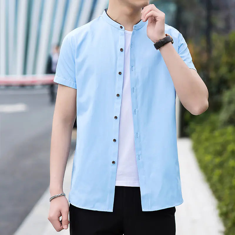 Men's Short Sleeve Summer Business Shirt - Stand Collar
