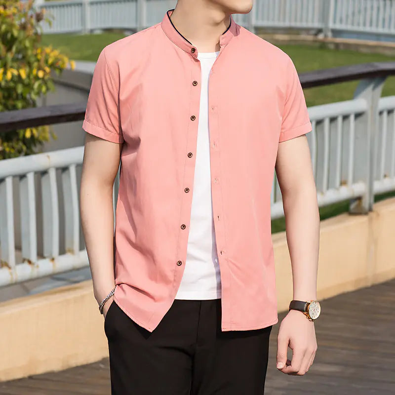 Men's Short Sleeve Summer Business Shirt - Stand Collar