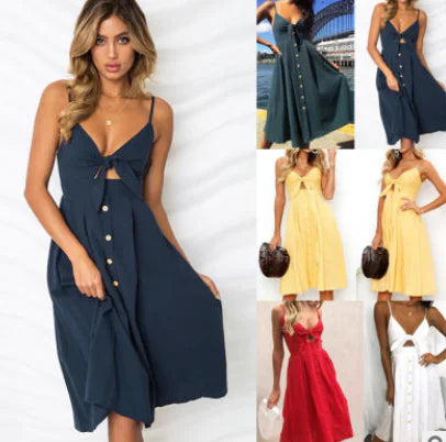 Summer Women's Dress, Button Bow Backless, Sexy Strap