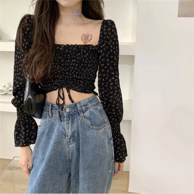 Vintage Floral Chiffon Blouse with Square Neck for Women