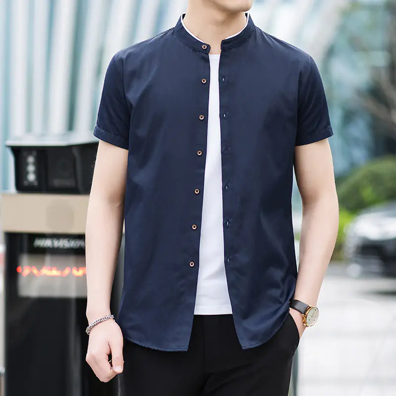 Men's Short Sleeve Summer Business Shirt - Stand Collar