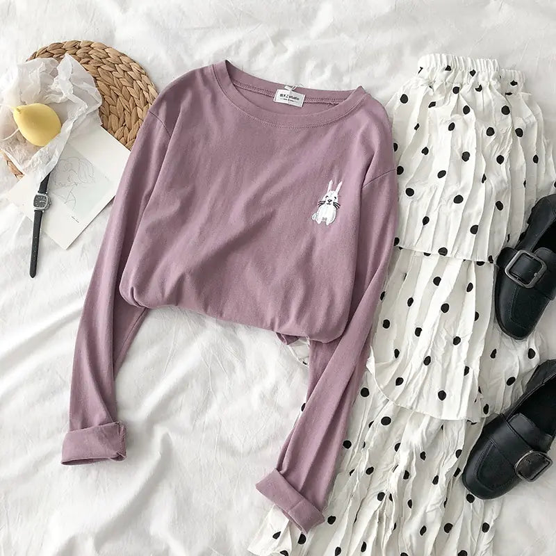 Embroidered Round Neck Loose Long Sleeve T-Shirt