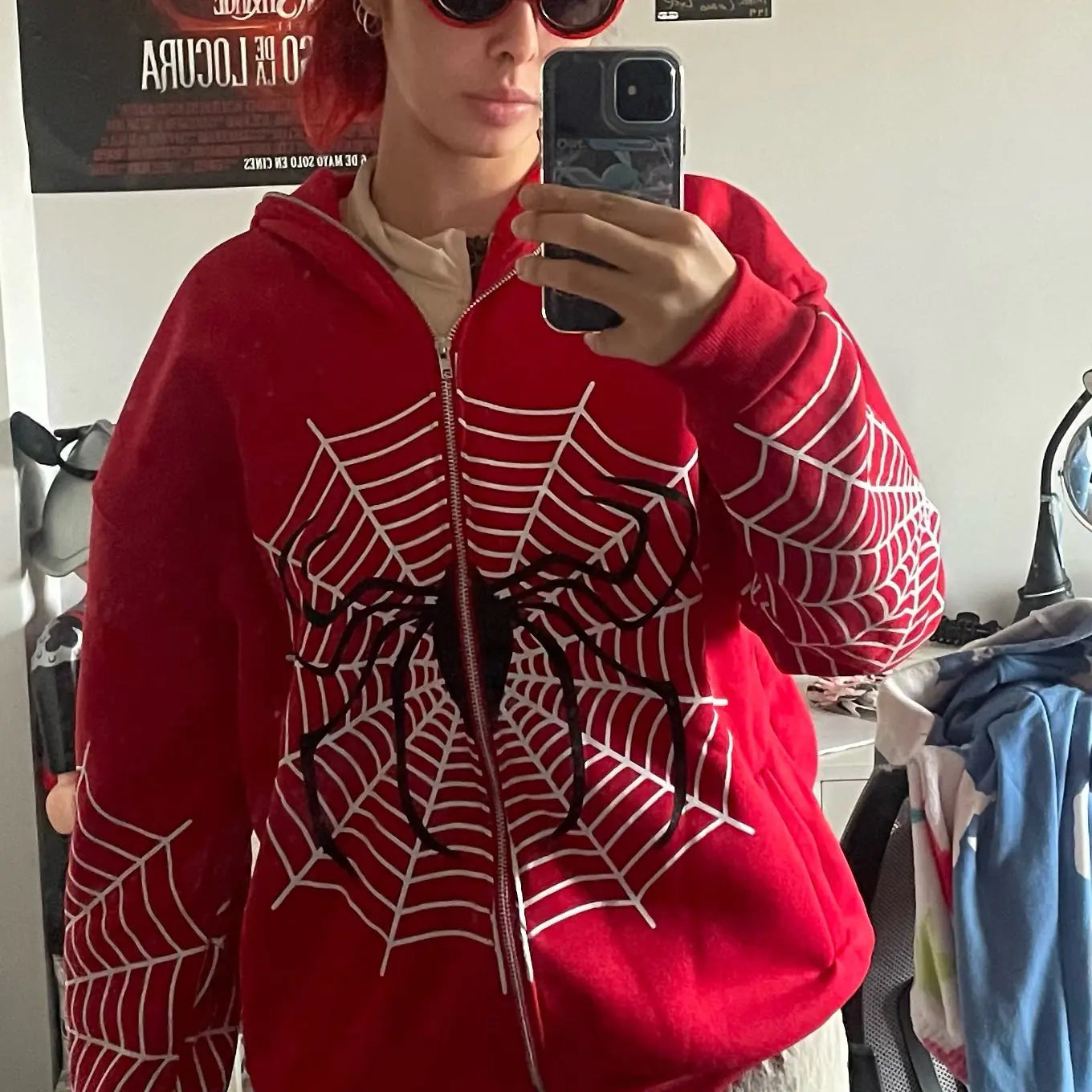 Autumn Winter Spider Web Print Full Zip Hoodie