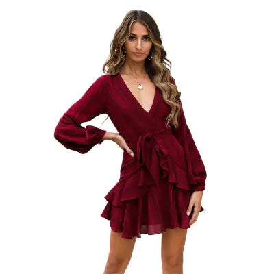 Chic Women's Pleated Dress with Deep V Neck