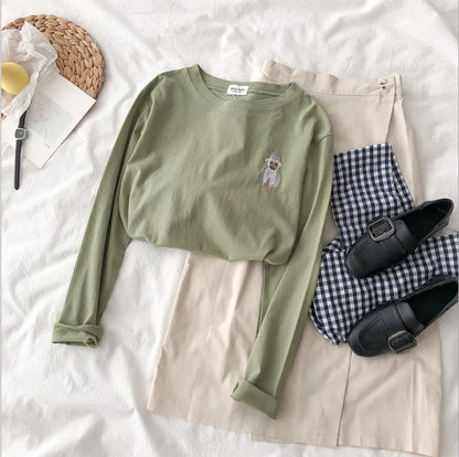 Embroidered Round Neck Loose Long Sleeve T-Shirt