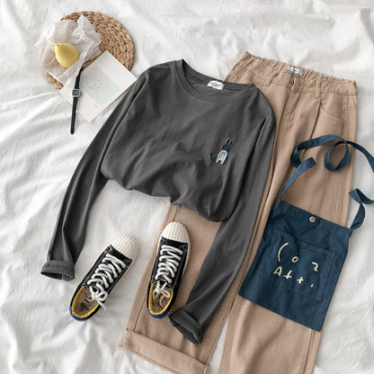 Embroidered Round Neck Loose Long Sleeve T-Shirt