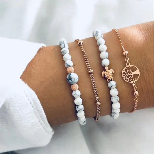 Turquoise Turtle Bracelet Set with Tree of Life Design