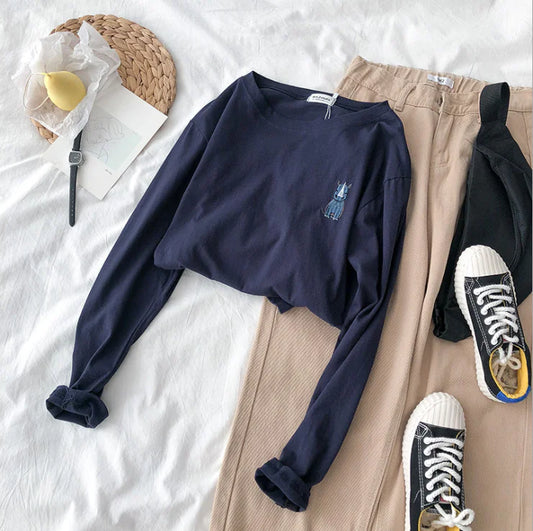 Embroidered Round Neck Loose Long Sleeve T-Shirt