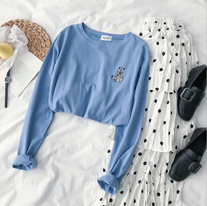 Embroidered Round Neck Loose Long Sleeve T-Shirt