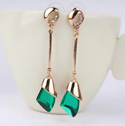 Korean Long Earrings with Diamond Geometric Crystals