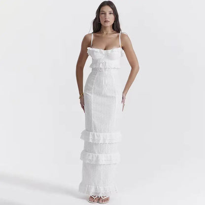 Slim Fit White Crocheted Suspender Dress for Women