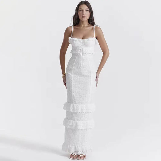 Slim Fit White Crocheted Suspender Dress for Women