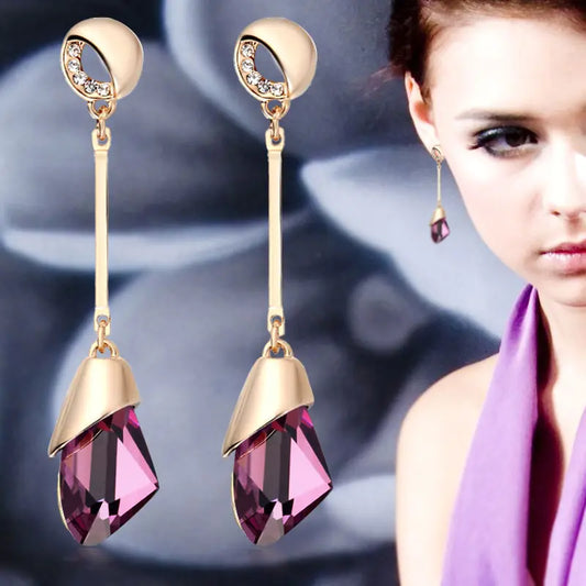 Korean Long Earrings with Diamond Geometric Crystals