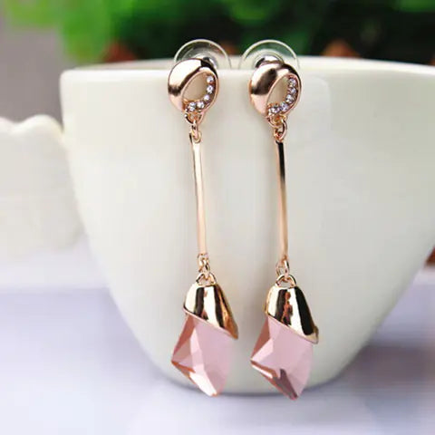 Korean Long Earrings with Diamond Geometric Crystals