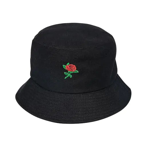 YAMEIZE Bucket Hat for Women Men - Travel Sun Beach Embroidered Bucket Hat Unisex Fisherman Hat Outdoor Rose Black