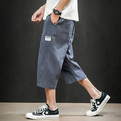 Japanese Plus Size Men's Black Linen Wall Shorts