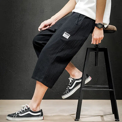 Japanese Plus Size Men's Black Linen Wall Shorts