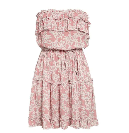 A-Line Strapless Mini Dress with Floral Ruffle Details