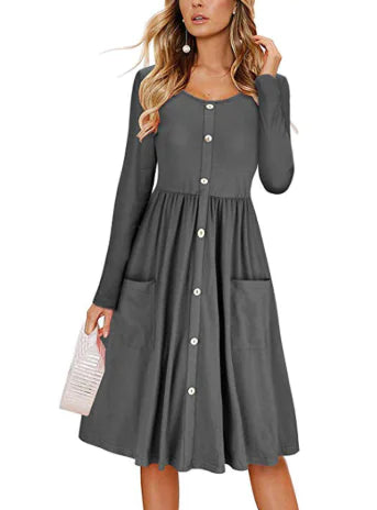 Solid Color Round Neck Buttoned Waist Dress