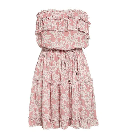 A-Line Strapless Mini Dress with Floral Ruffle Details