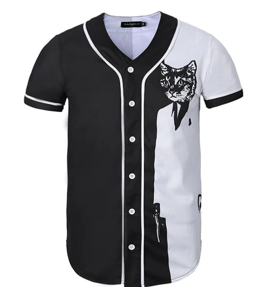 3D Black and White Cat Color Block Short Sleeve Shirt