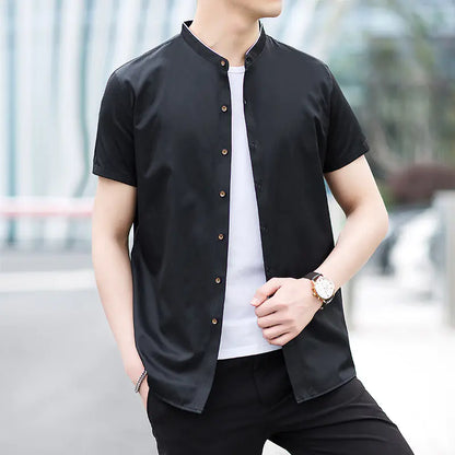 Men's Short Sleeve Summer Business Shirt - Stand Collar