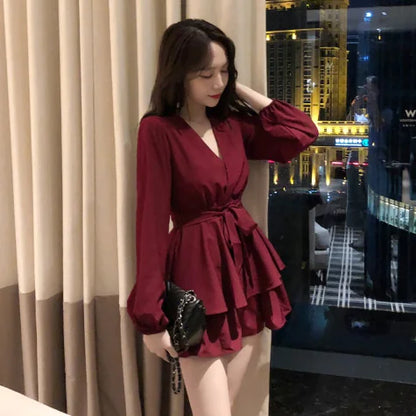 Chic Women's Pleated Dress with Deep V Neck