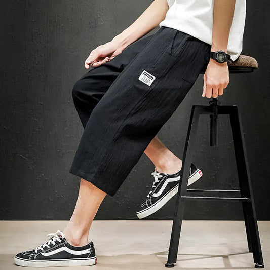 Japanese Plus Size Men's Black Linen Wall Shorts