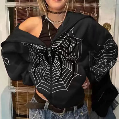 Autumn Winter Spider Web Print Full Zip Hoodie