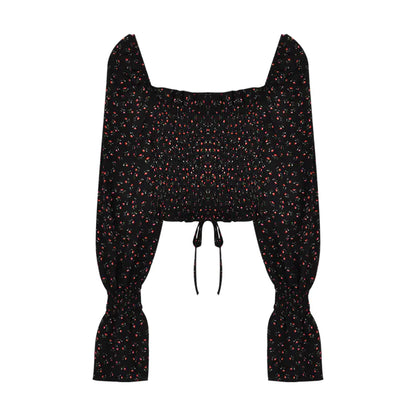 Vintage Floral Chiffon Blouse with Square Neck for Women