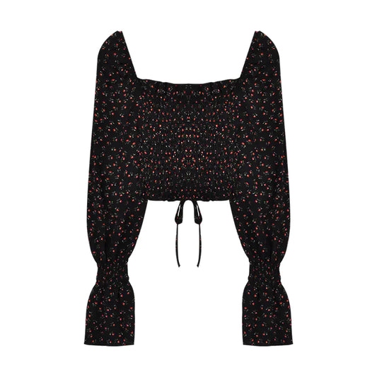 Vintage Floral Chiffon Blouse with Square Neck for Women